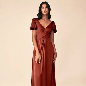 Soren Terracotta Bridesmaid Evening Pleated Stretch Satin Dress